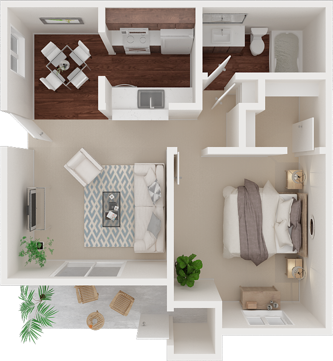 Floor plan for 1 bed, 1 bath, 685 sqft